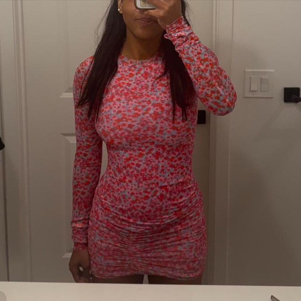 AFRM Pink Floral Long-Sleeve Ruched Mini Dress